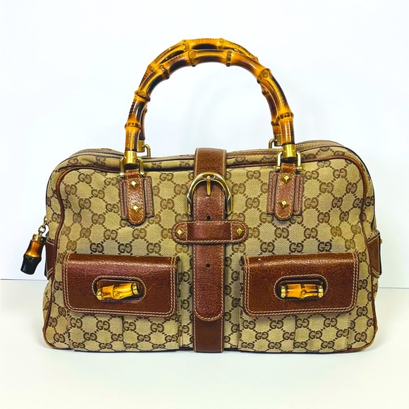 Vintage Gucci Monogram Bamboo Handle Handbag - Picture 1 of 11